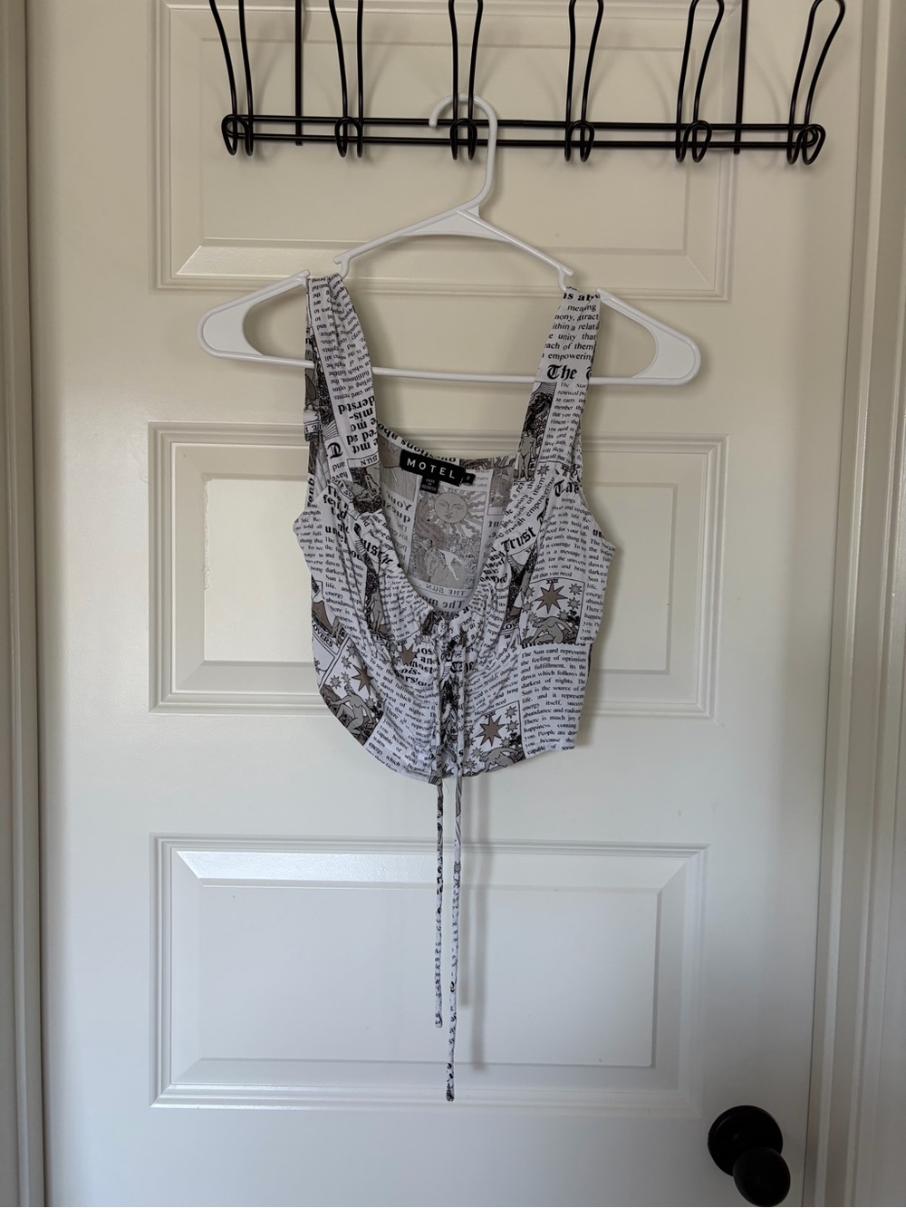 Motel Rocks Black & White Newspaper-Print Lace-Up Crop Top